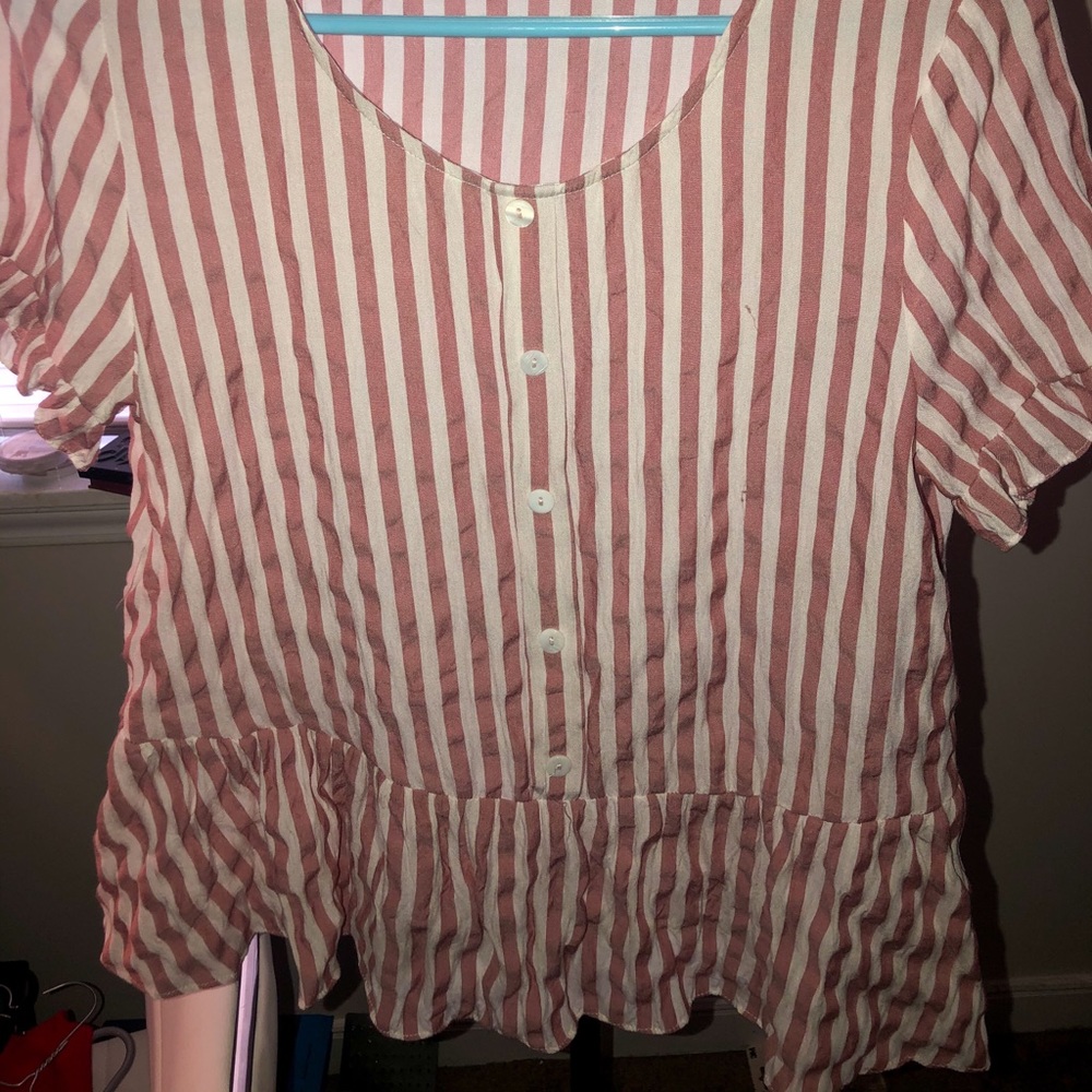 Pink and White Striped Peplum Blouse